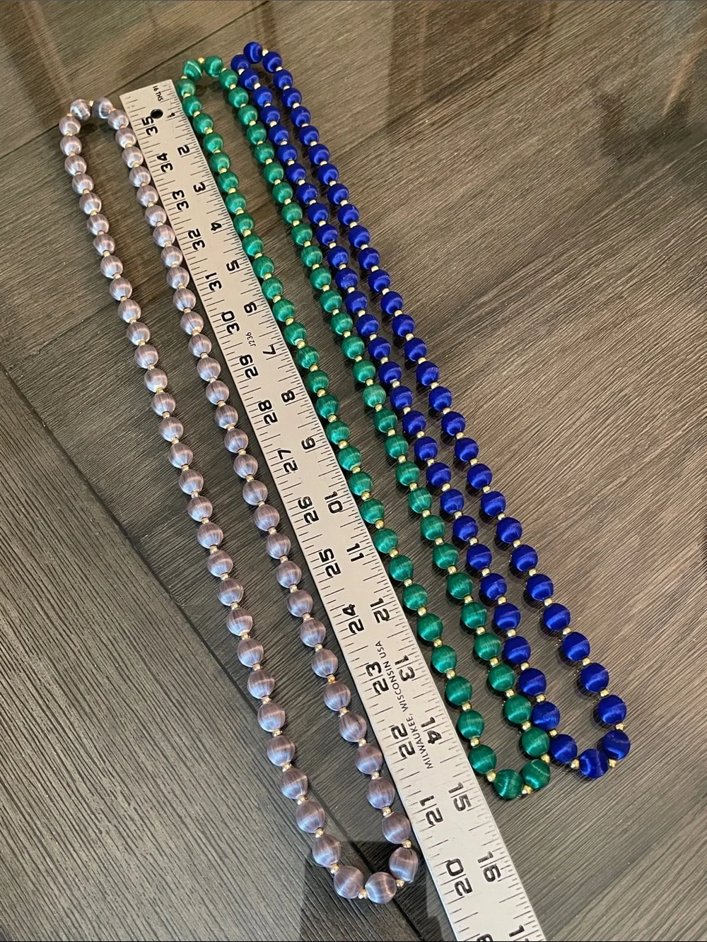 Vintage 3 Necklaces with Spun Silk Satin Beads Gold Tone Spacers 30 In. Approx